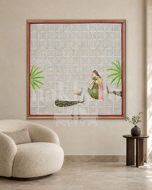 Woman with Peacocks on a Geometric Grid — slim-frame room mockup 2 with Nakhrro watermark
