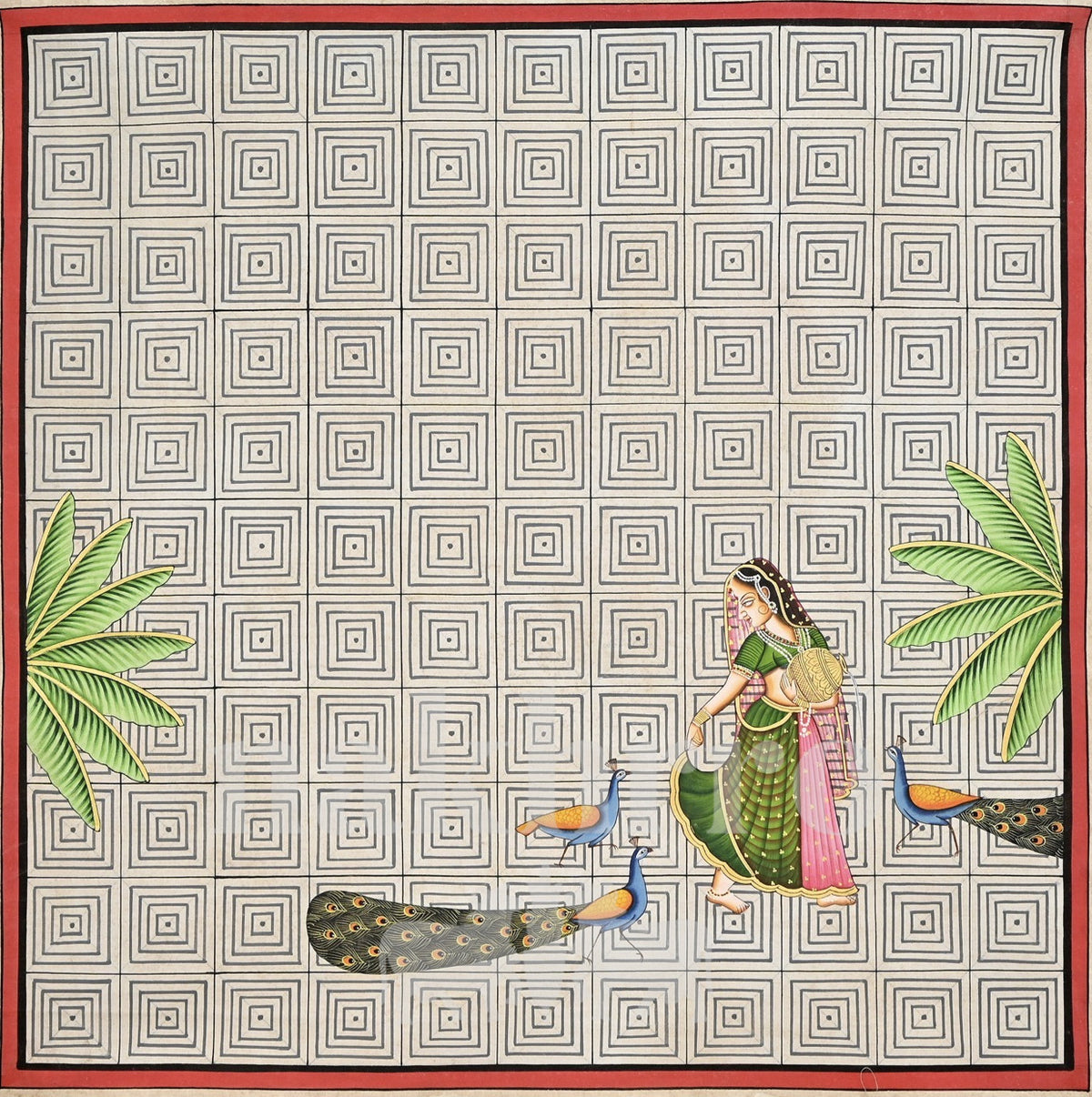 Woman with Peacocks on a Geometric Grid — full artwork with Nakhrro watermark