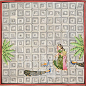 Woman with Peacocks on a Geometric Grid — full artwork with Nakhrro watermark