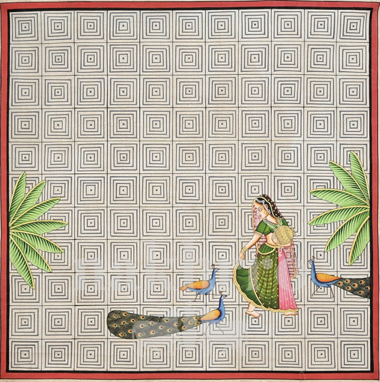 Woman with Peacocks on a Geometric Grid | Hand-Painted Original — artwork with Nakhrro watermark