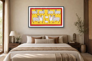Yellow Kamdhenu Cows Of Pichwai styled in a premium bedroom