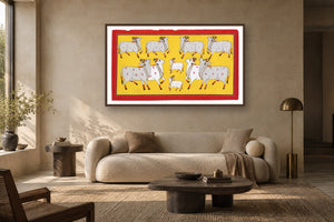 Yellow Kamdhenu Cows Of Pichwai styled in a premium living room