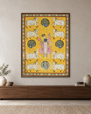 Yellow Shrinathji with Cows and Peacock Fans — slim-frame room mockup 1 with Nakhrro watermark
