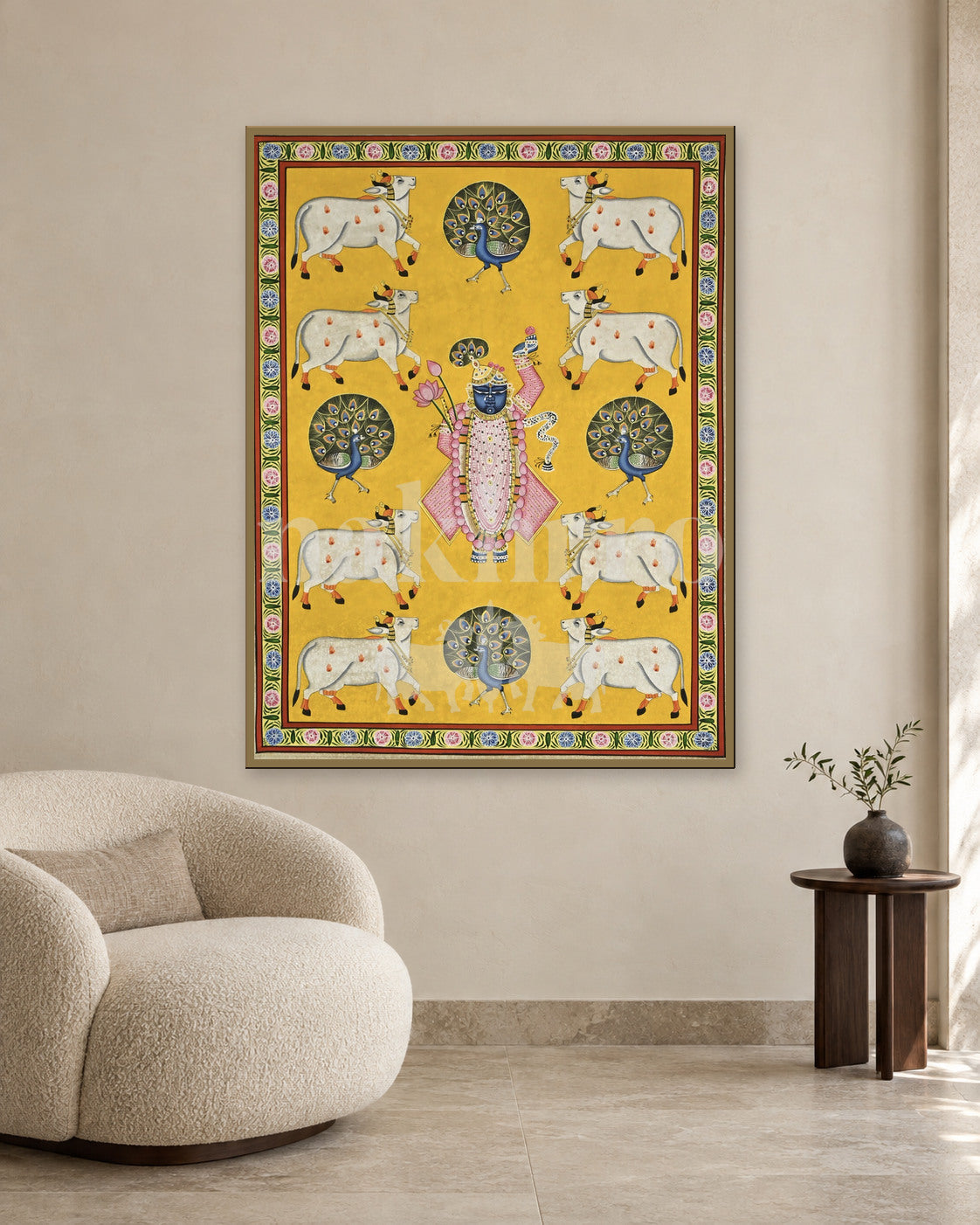 Yellow Shrinathji with Cows and Peacock Fans — slim-frame room mockup 2 with Nakhrro watermark