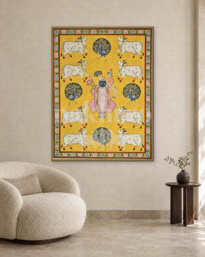 Yellow Shrinathji with Cows and Peacock Fans — slim-frame room mockup 2 with Nakhrro watermark