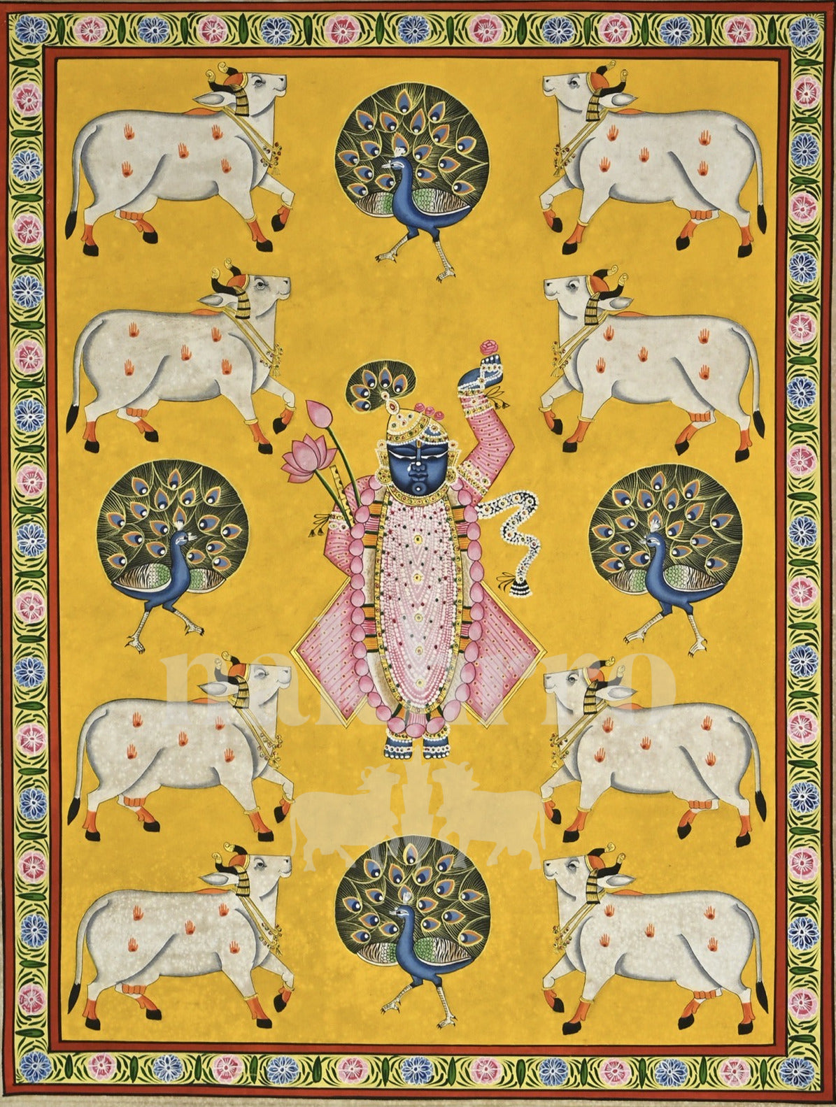Yellow Shrinathji with Cows and Peacock Fans — full artwork with Nakhrro watermark